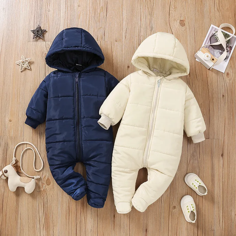 Baby Boy/Girl Solid Hooded Long-sleeve Footed Thermal Thickened Winter Jumpsuit Beige big image 1