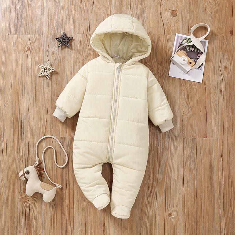 Baby Boy/Girl Solid Hooded Long-sleeve Footed Thermal Thickened Winter Jumpsuit Beige big image 2
