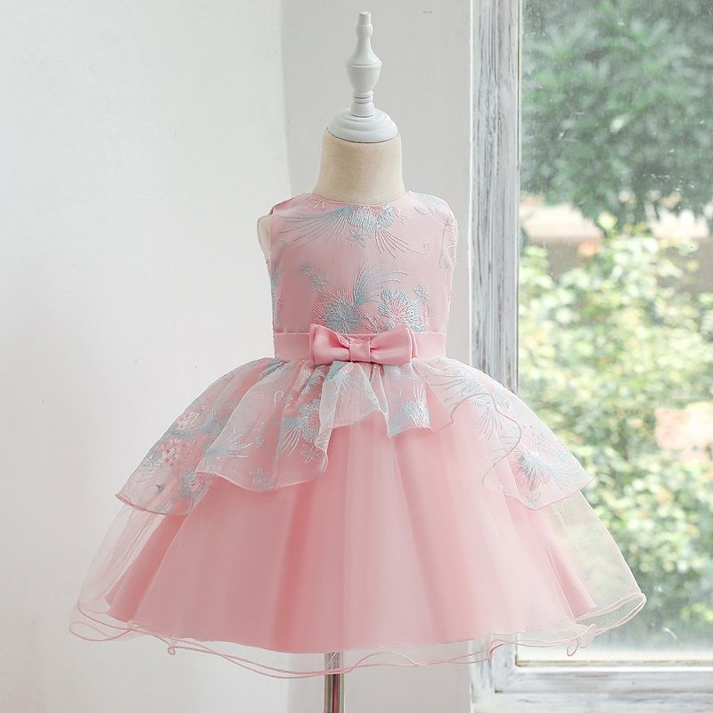 Floral Embroidery Mesh Layered Sleeveless Baby Party Dress Pink big image 2