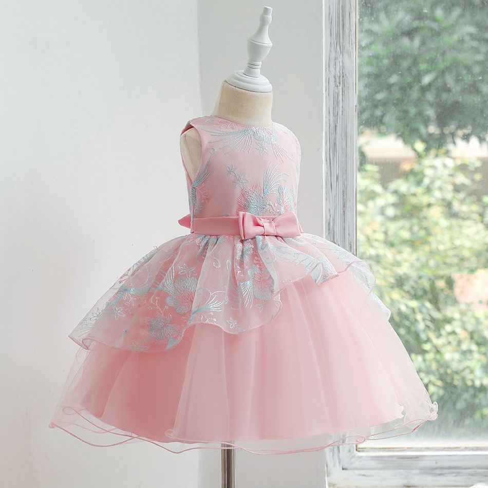 Floral Embroidery Mesh Layered Sleeveless Baby Party Dress Pink big image 3