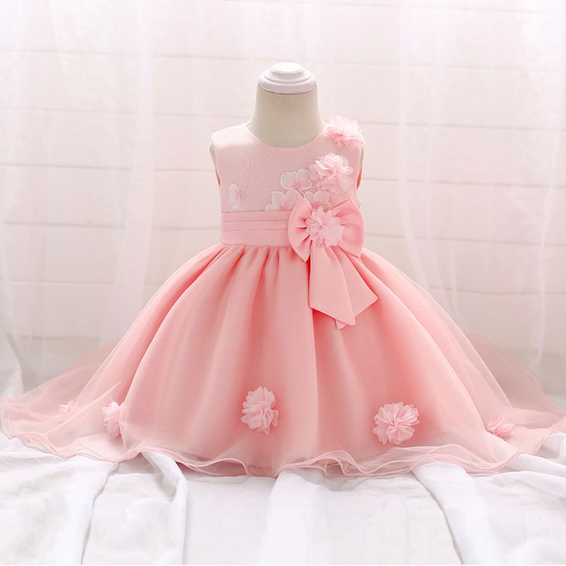Toddler Girl 3D Floral Bowknot Design Sleeveless Princess Mesh Party Dress Pink big image 2