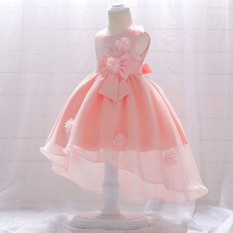 menina da criança 3d floral bowknot design sem mangas princesa malha vestido de festa Rosa big image 4
