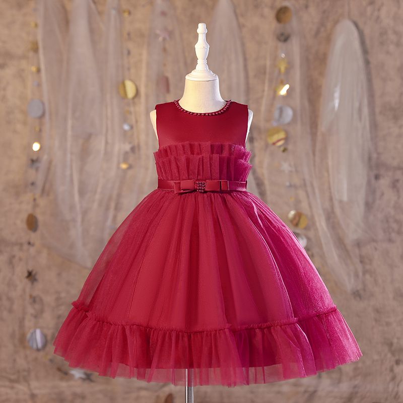 Kid Girl Beaded Bowknot Design Sleeveless Mesh Princess Party Dress Burgundy