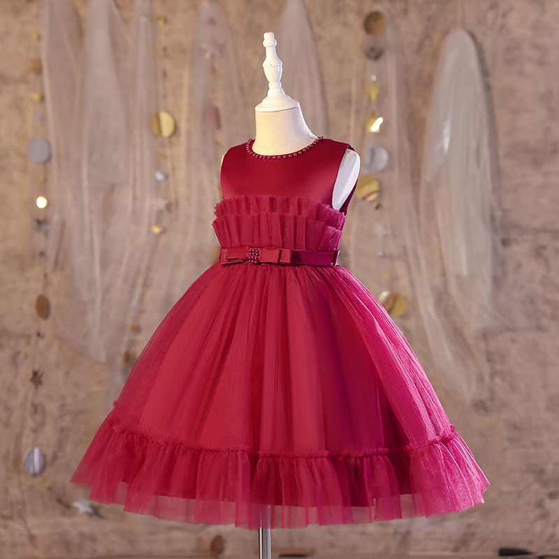 Kid Girl Beaded Bowknot Design Sleeveless Mesh Princess Party Dress Burgundy big image 2