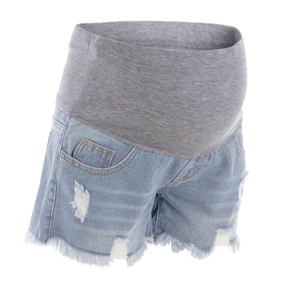 Ripped Maternity Belly Support Inelastic Denim Shorts Light Blue big image 2
