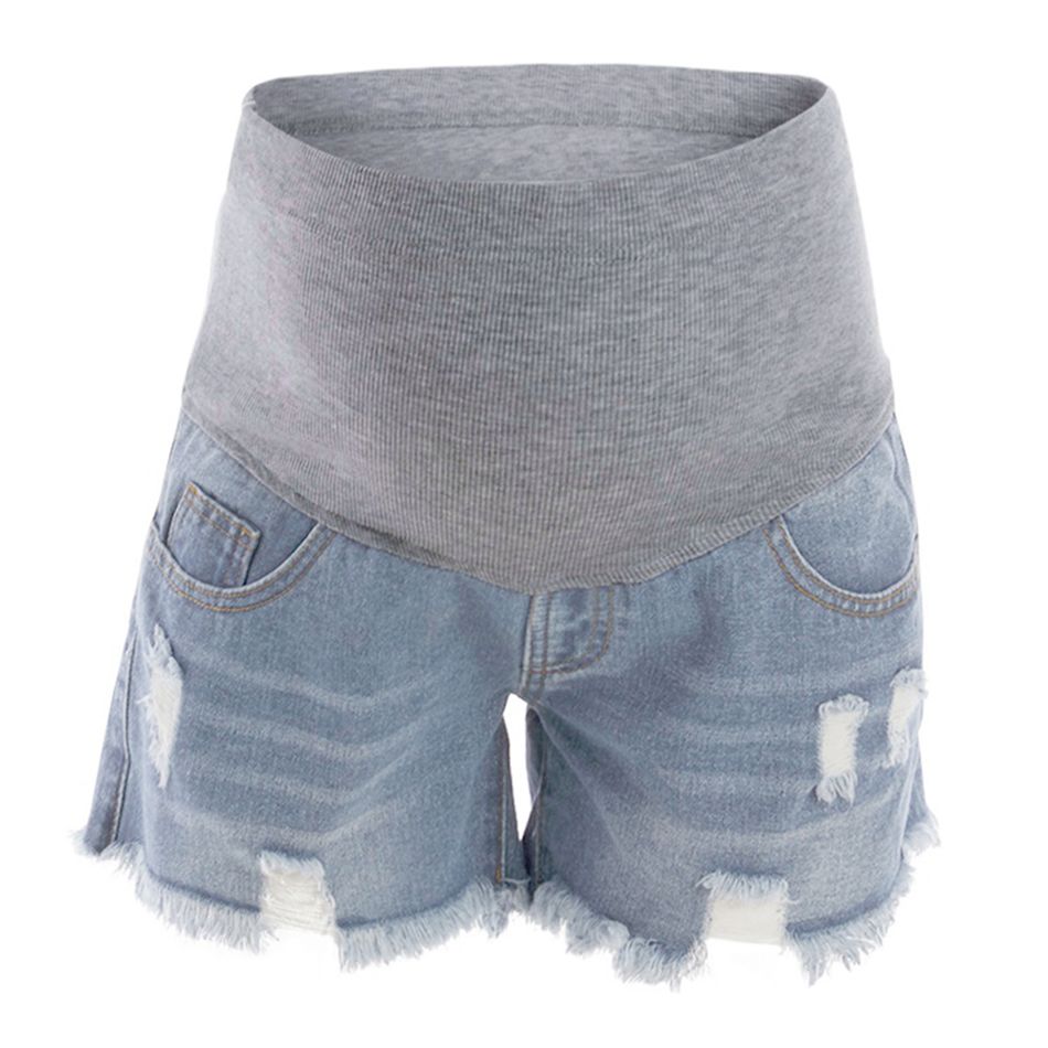 Shorts jeans rasgados com bainha crua para apoio de barriga de maternidade Azul claro 01 big image 2