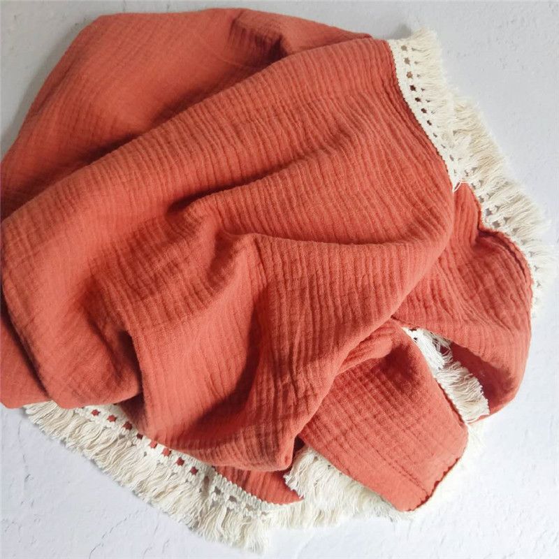 Spring Summer Newborn Tassel Swaddle Wrap Blanket Cotton Baby Blankets Bath Cloth Brick red big image 2