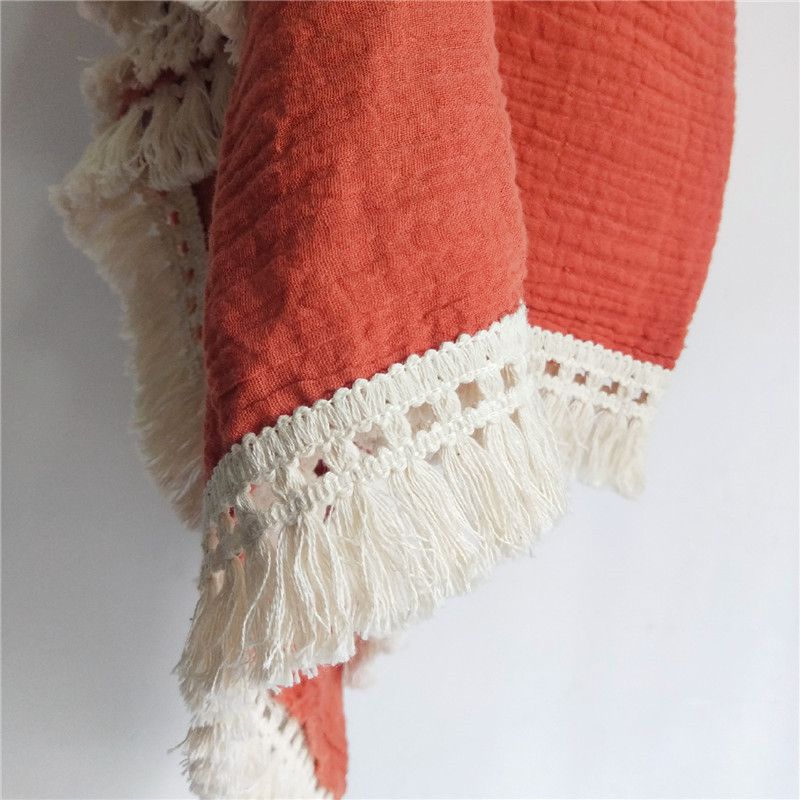 Spring Summer Newborn Tassel Swaddle Wrap Blanket Cotton Baby Blankets Bath Cloth Brick red big image 3