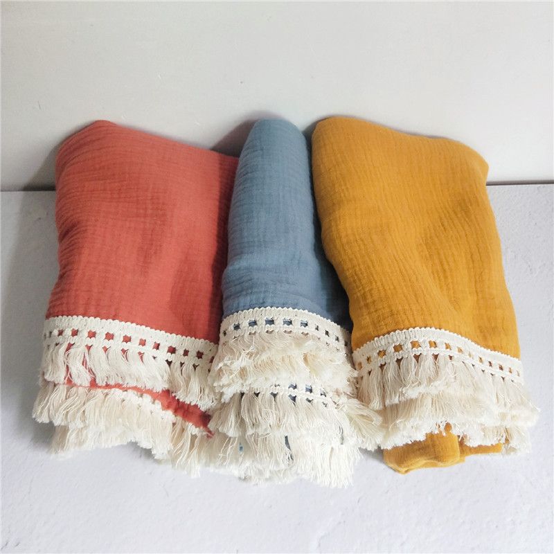 Spring Summer Newborn Tassel Swaddle Wrap Blanket Cotton Baby Blankets Bath Cloth Brick red big image 4