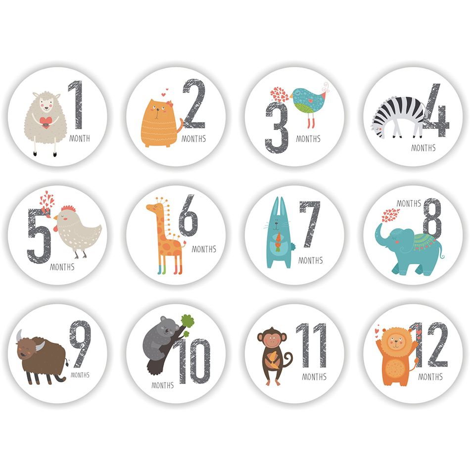 12-pack Baby Monthly Stickers Newborn Monthly Milestone Stickers Self Adhesive Baby Photography Props Background Souvenirs White