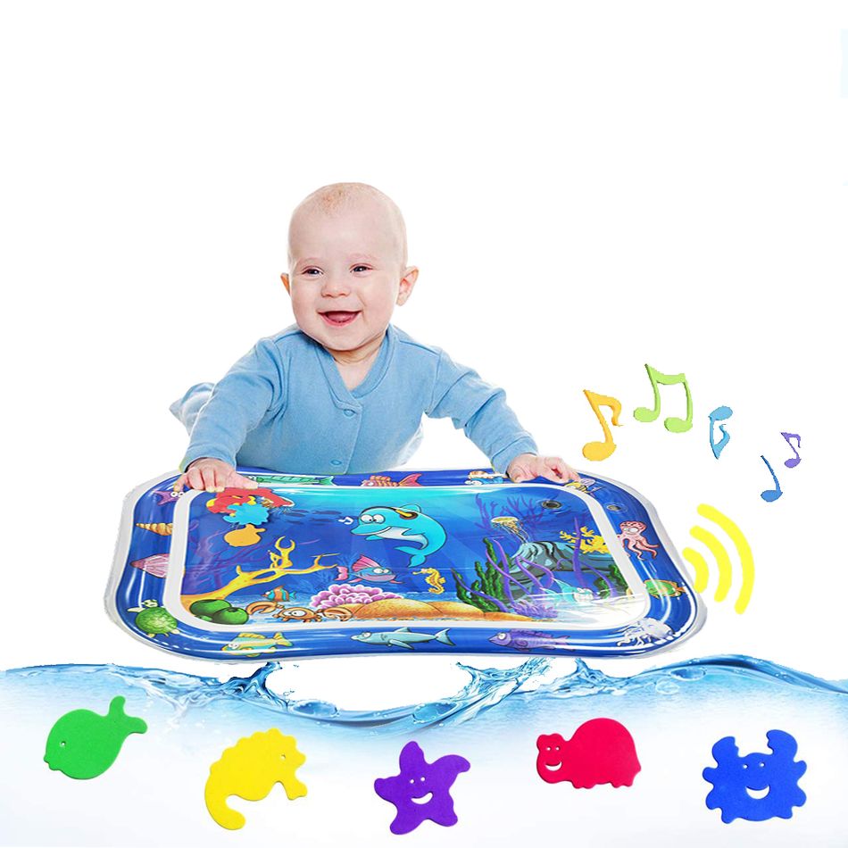 Tapete de água inflável dos desenhos animados do bebê para o tempo de jogo da barriga do bebê almofada à prova de vazamentos com som bb Azul big image 2