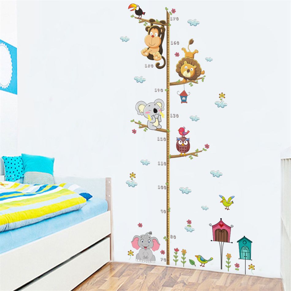 Cartoon Animals Lion Monkey Owl Elephant Height Measure Wall Sticker For Kids Rooms Growth Wall Art Multi-color