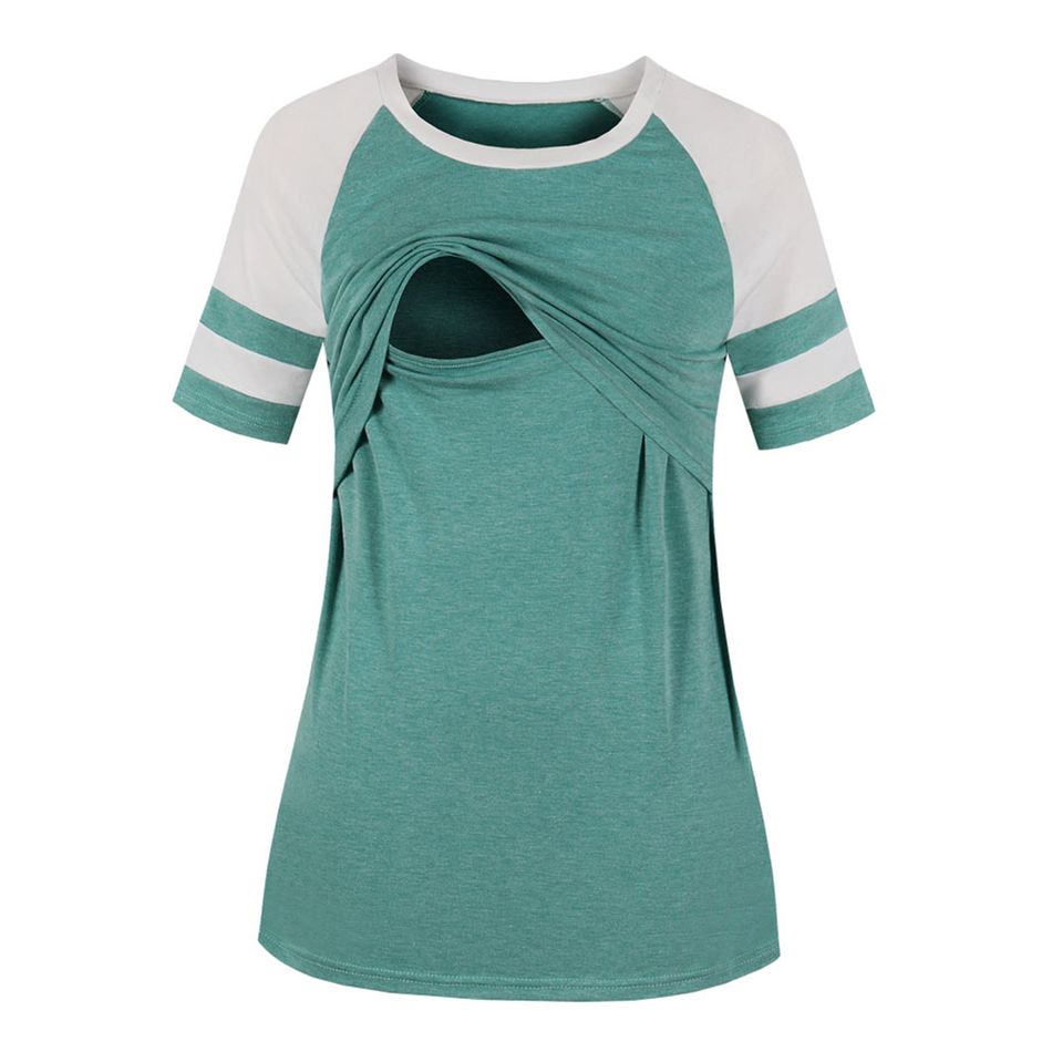 Trendy Color Block Short-sleeve Nursing Top Green