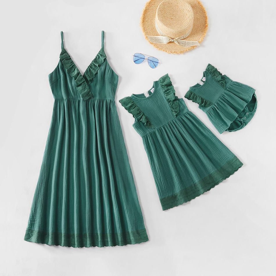 Mosaic Mommy and Me 100% Cotton Ruffle Tank Dresses Green