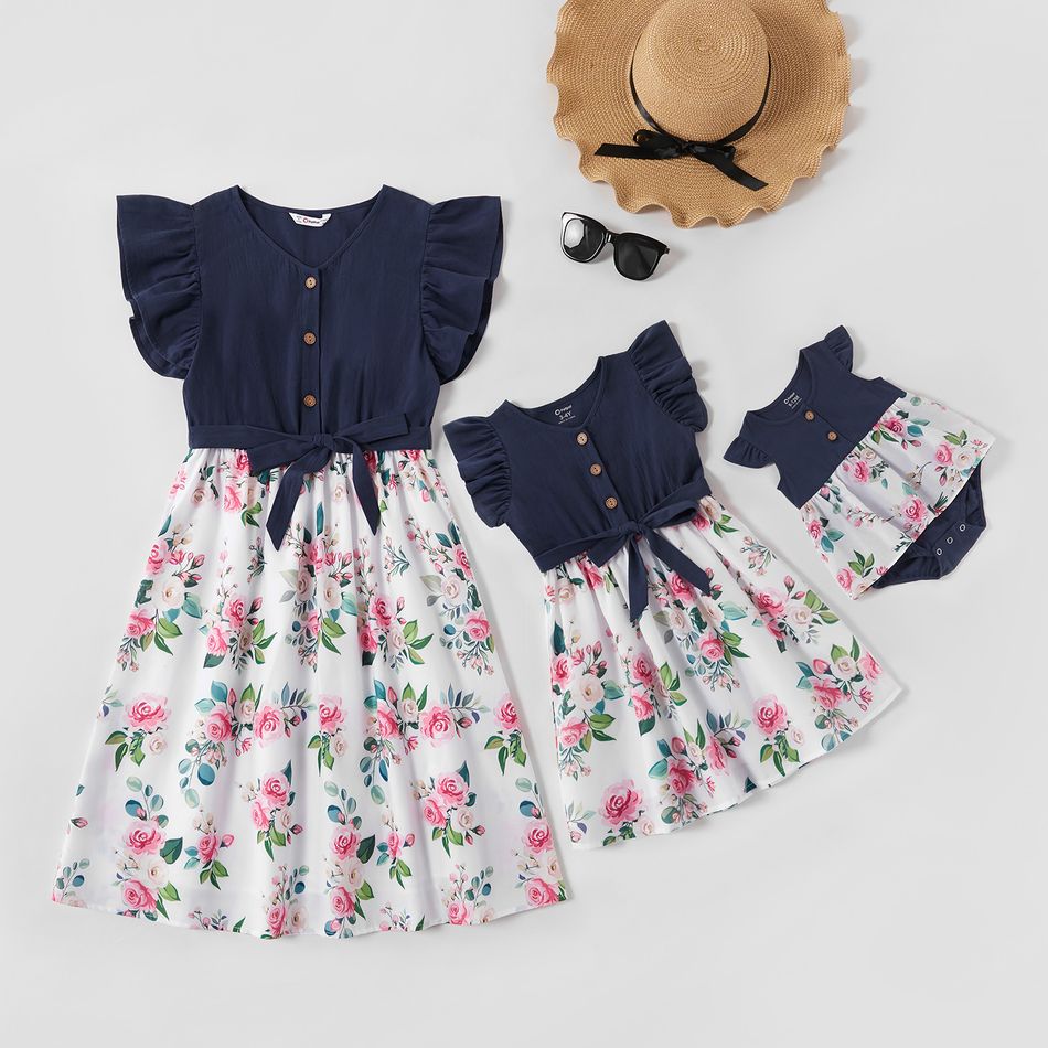 Mosaic 100% Cotton Floral Stitching Flutter-sleeve Matching Midi Dresses Dark Blue/white