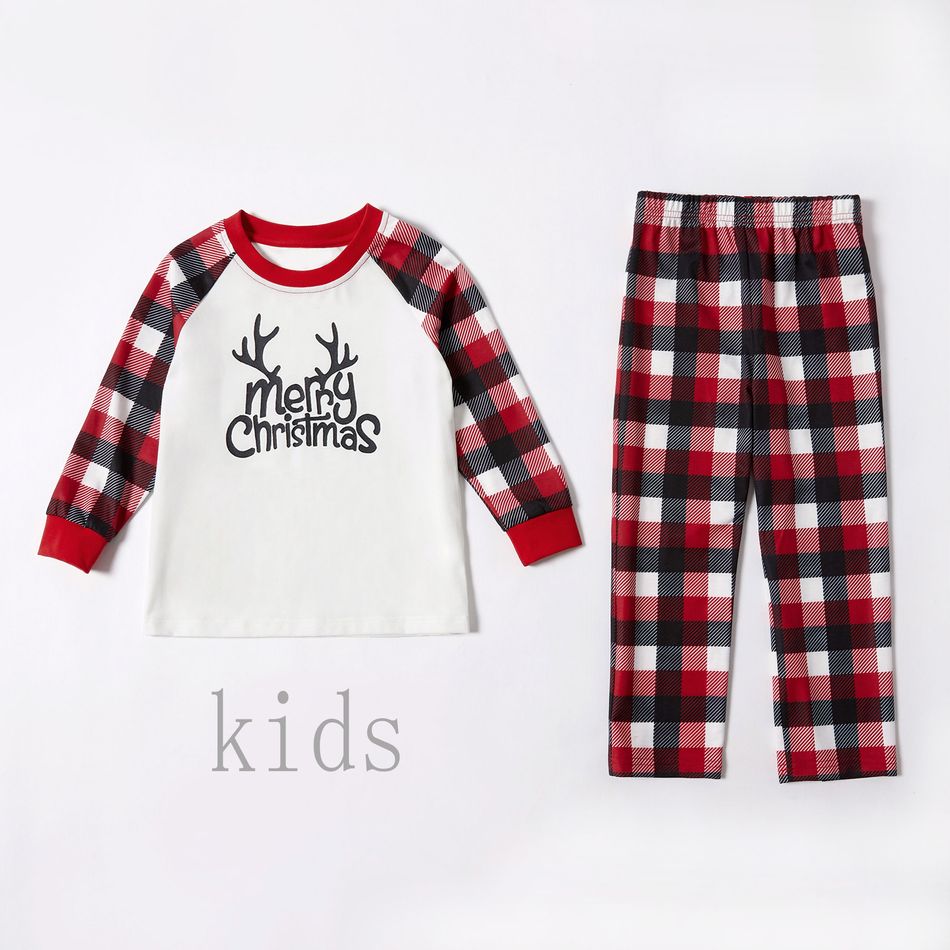 Merry Christmas Letter Print Plaid Family Matching Pajamas Sets (Flame Resistant) Red/White big image 2