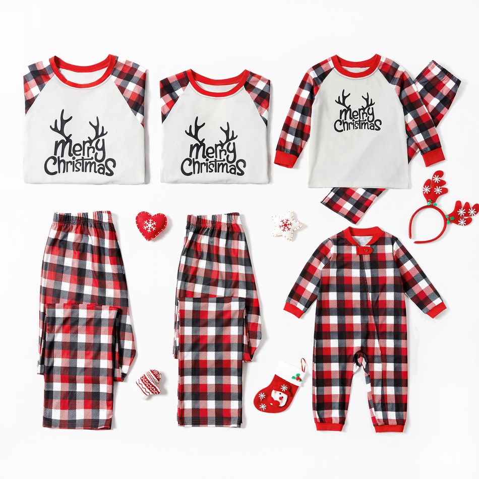 Merry Christmas Letter Print Plaid Family Matching Pajamas Sets (Flame Resistant) Red/White big image 1