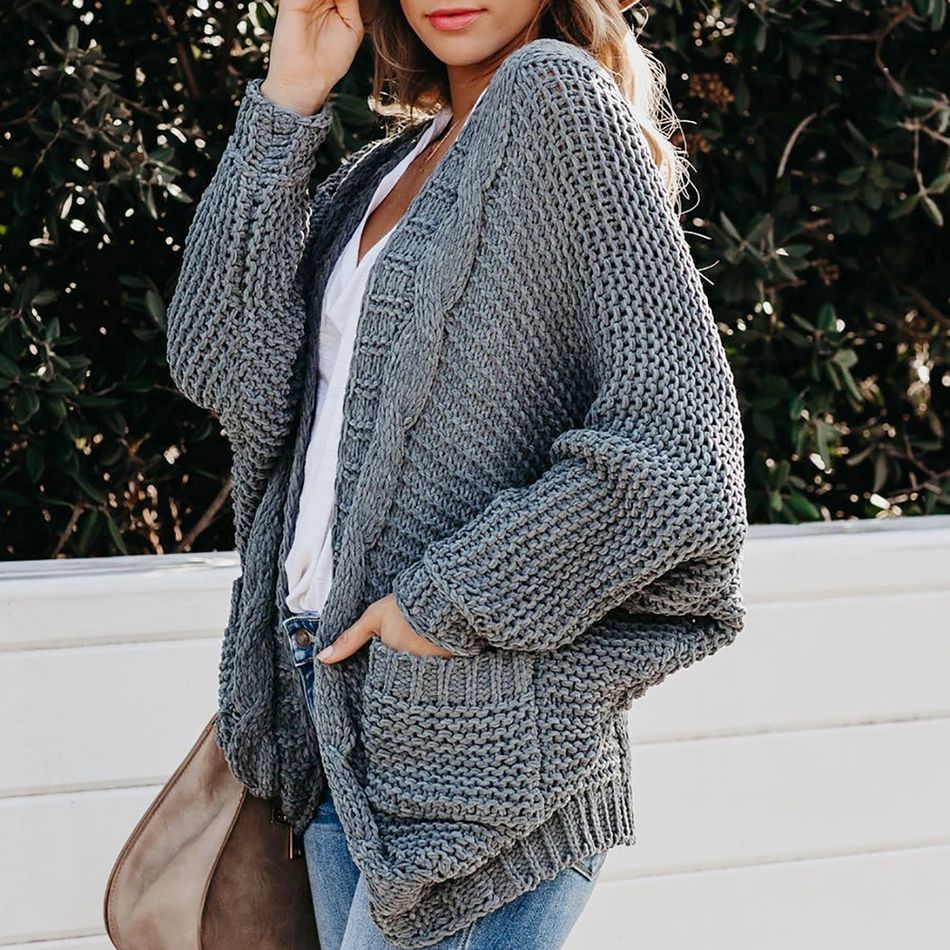 Dual Pocket Long-sleeve Grey Knit Cardigan Grey