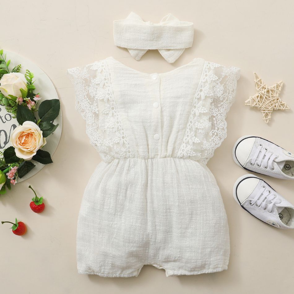 2pcs Baby Girl 95% Cotton Lace Flutter-sleeve Romper with Headband Set White big image 2
