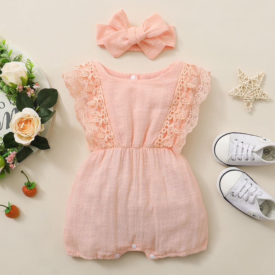 2pcs Baby Girl 95% Cotton Lace Flutter-sleeve Romper with Headband Set Pink