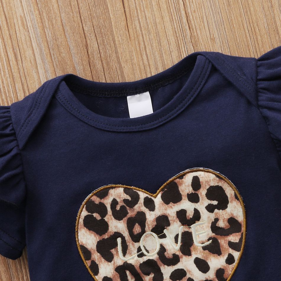 3pcs Leopard Print Ruffle Decor Short-sleeve Blue Baby Set Navy big image 4