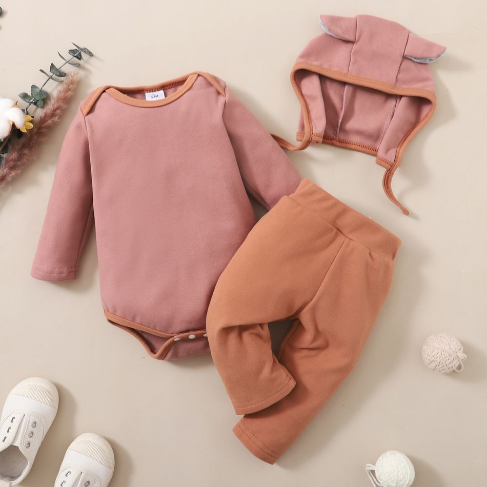 3pcs Baby Colorblock Long-sleeve Romper and Trousers Set Pink