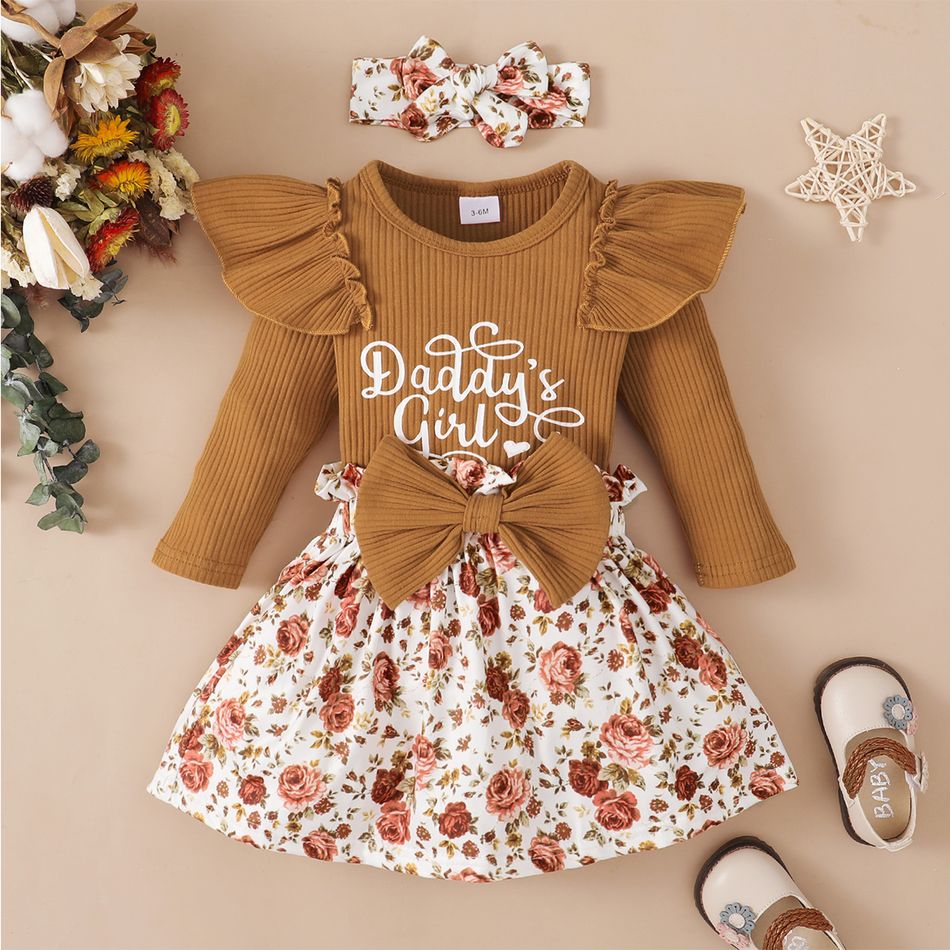 Baby 3pcs Letter Print Ruffle Long-sleeve Ribbed Romper and Floral Shorts Set Brown big image 2