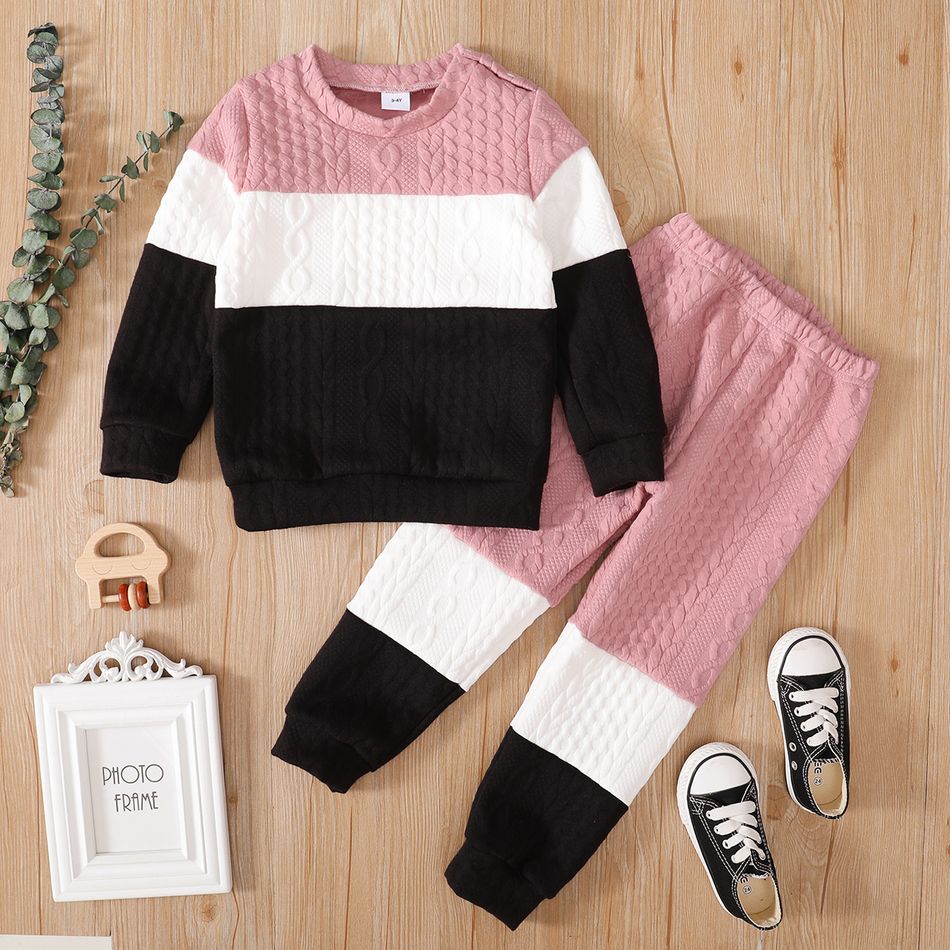 2-piece Toddler Girl/Boy Colorblock Cable Knit Sweatshirt and Pants Set Pink