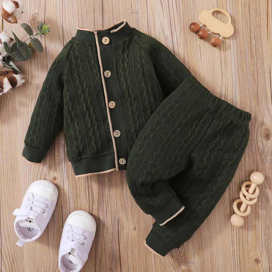 2pcs Baby Solid Cable Knit Button Down Long-sleeve Outwear and Pants Set Dark Green