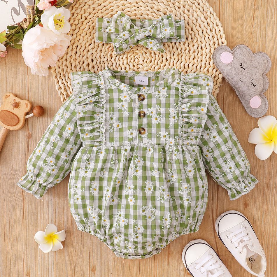 2pcs All Over Daisy Floral Print Plaid Long-sleeve Ruffle Baby Romper Set Green