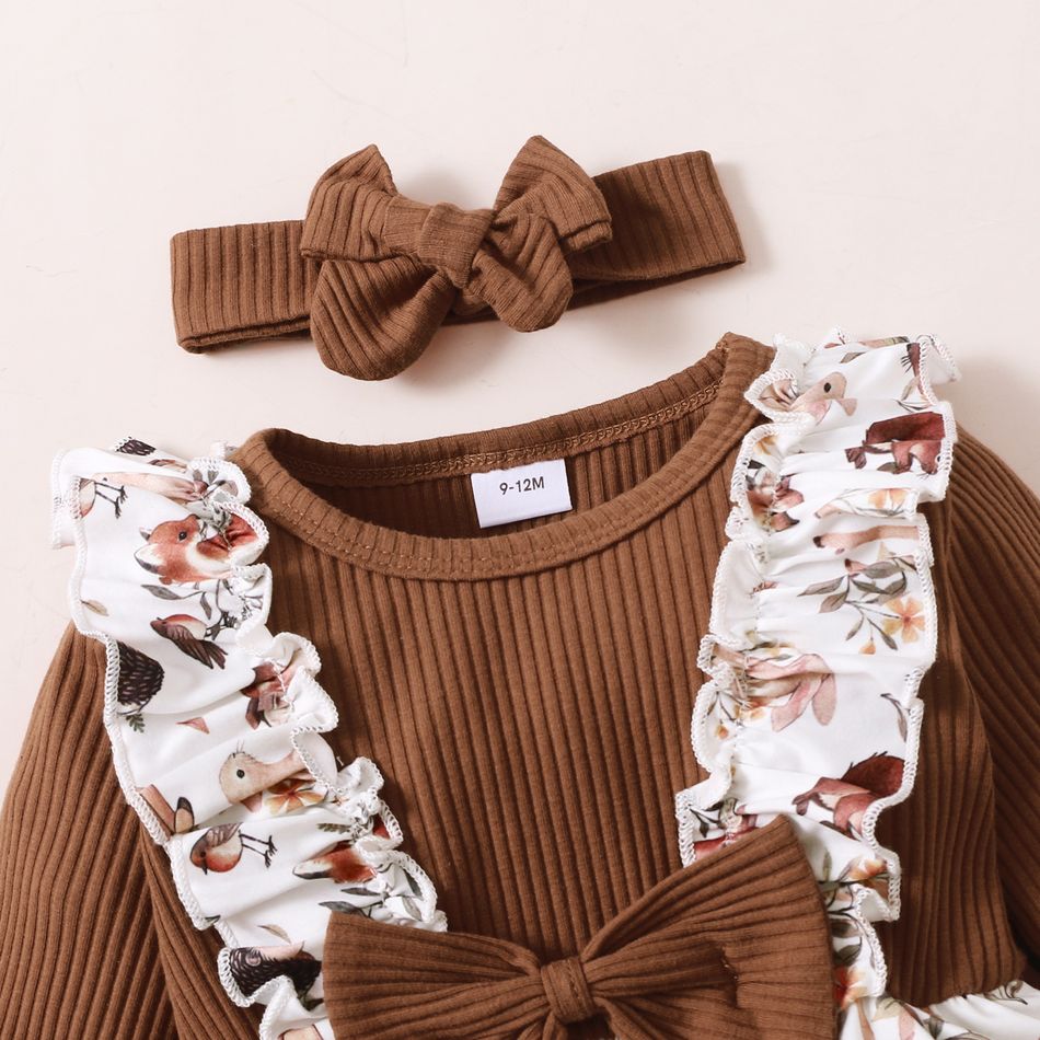2pcs Baby Brown Ribbed Long-sleeve Splicing Animal Print Jumpsuit Set Brown big image 3