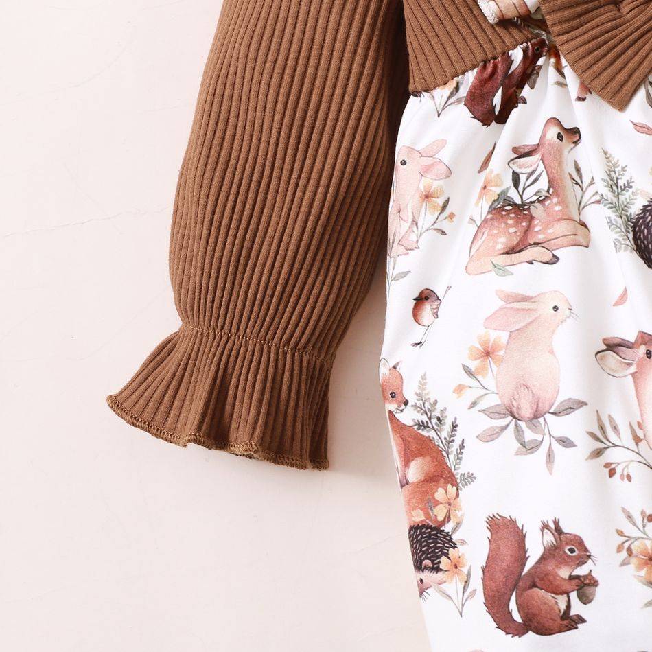 2pcs Baby Brown Ribbed Long-sleeve Splicing Animal Print Jumpsuit Set Brown big image 5