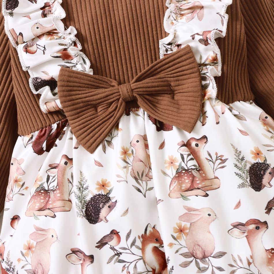 2pcs Baby Brown Ribbed Long-sleeve Splicing Animal Print Jumpsuit Set Brown big image 4