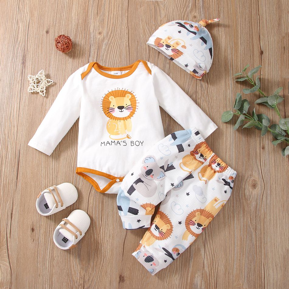 3pcs Baby Cartoon Animals and Letter Print White Long-sleeve Romper and Trousers Set White