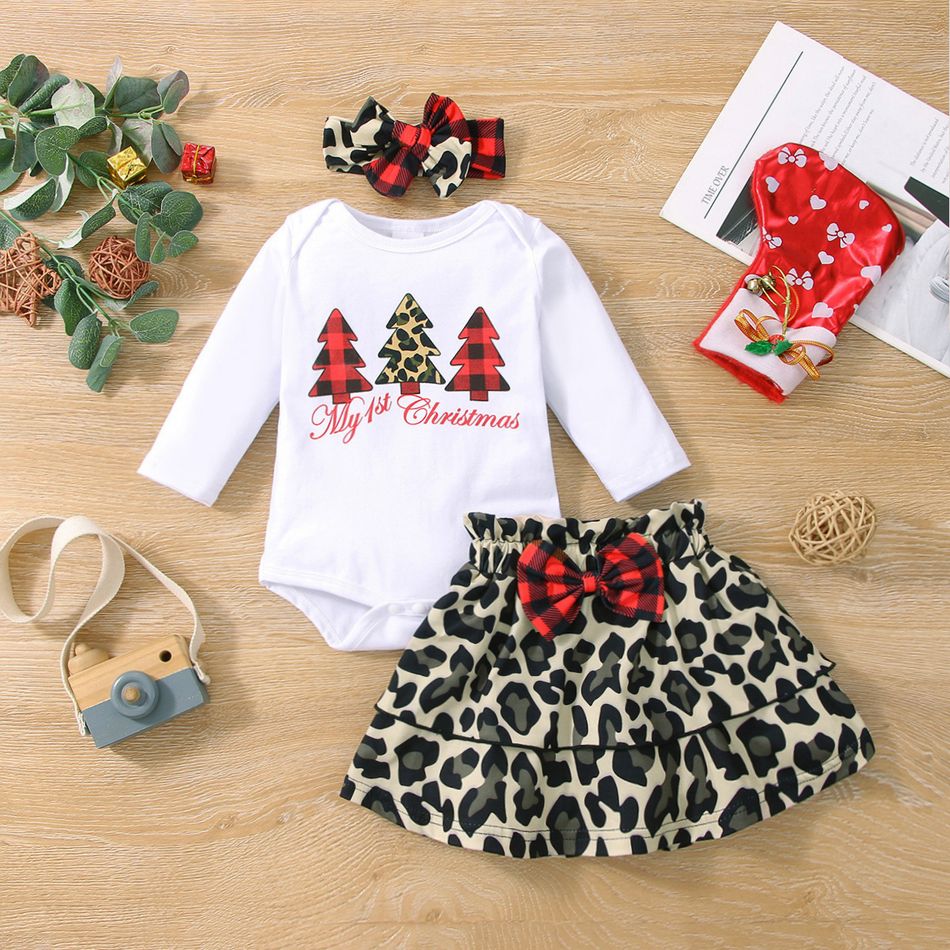 3-piece Baby Girl Christmas Letter Tree Print Long-sleeve Romper and Plaid Bowknot Leopard Print Skirt and Headband Set White