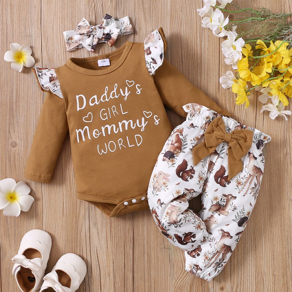 3pcs Baby Girl 95% Cotton Long-sleeve Letter Print Romper and Floral Trousers with Headband Set Brown big image 1