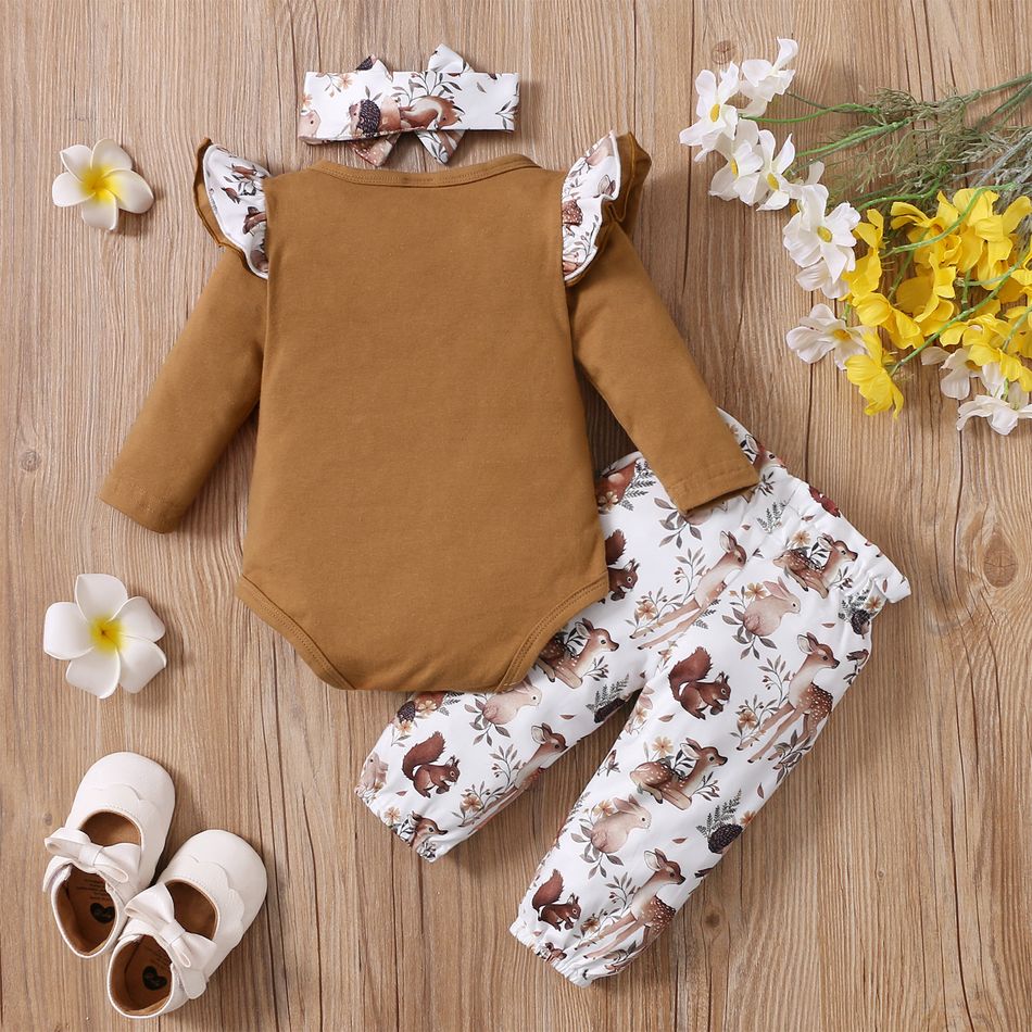3pcs Baby Girl 95% Cotton Long-sleeve Letter Print Romper and Floral Trousers with Headband Set Brown big image 3