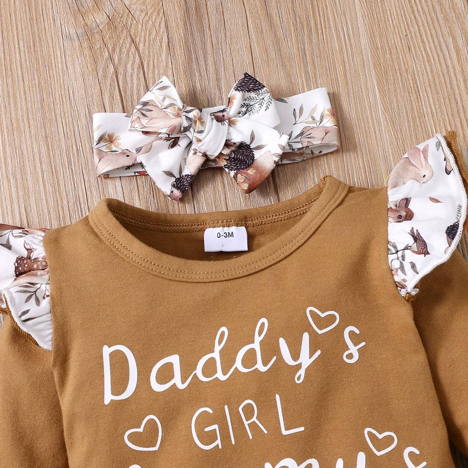 3pcs Baby Girl 95% Cotton Long-sleeve Letter Print Romper and Floral Trousers with Headband Set Brown big image 5