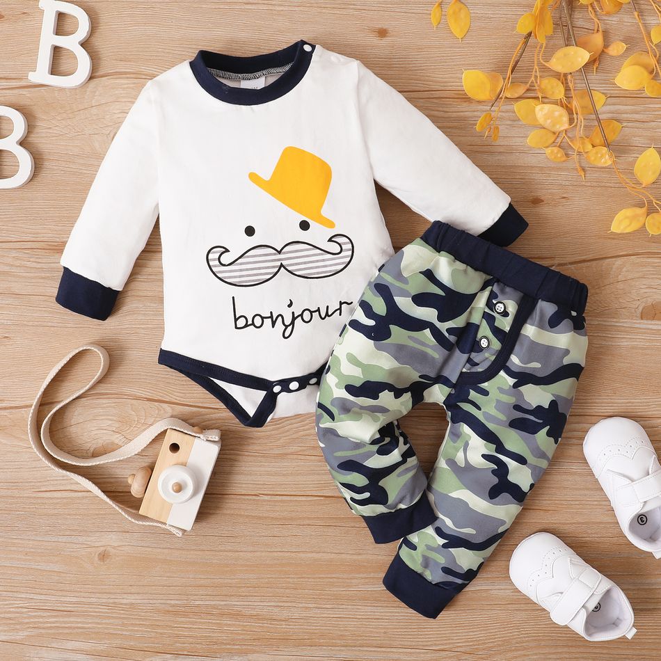 2pcs Baby Boy Mustache Print White Long-sleeve Romper and Camouflage Trousers Set White
