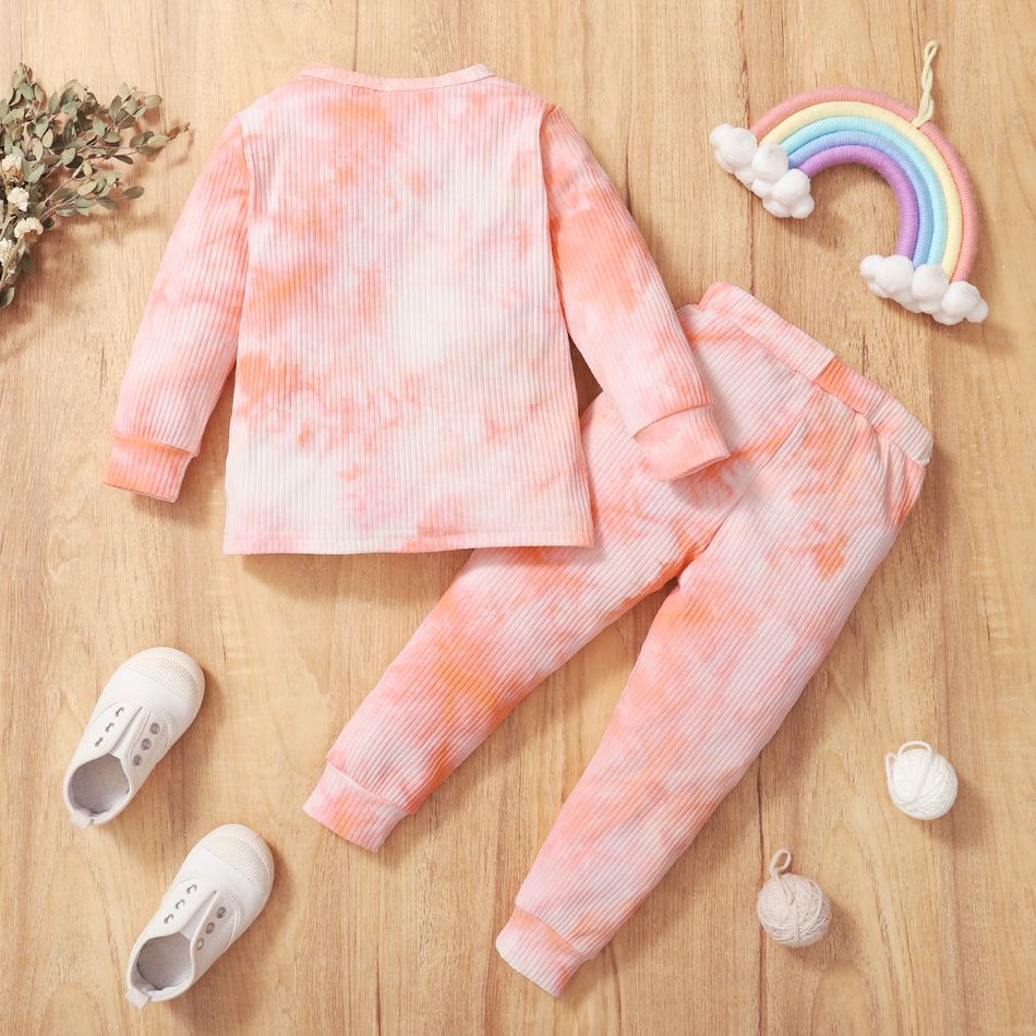 2-piece Toddler Girl/Boy Tie Dye Long-sleeve Ribbed Henley Shirt and Elasticized Pants Set Pink big image 2