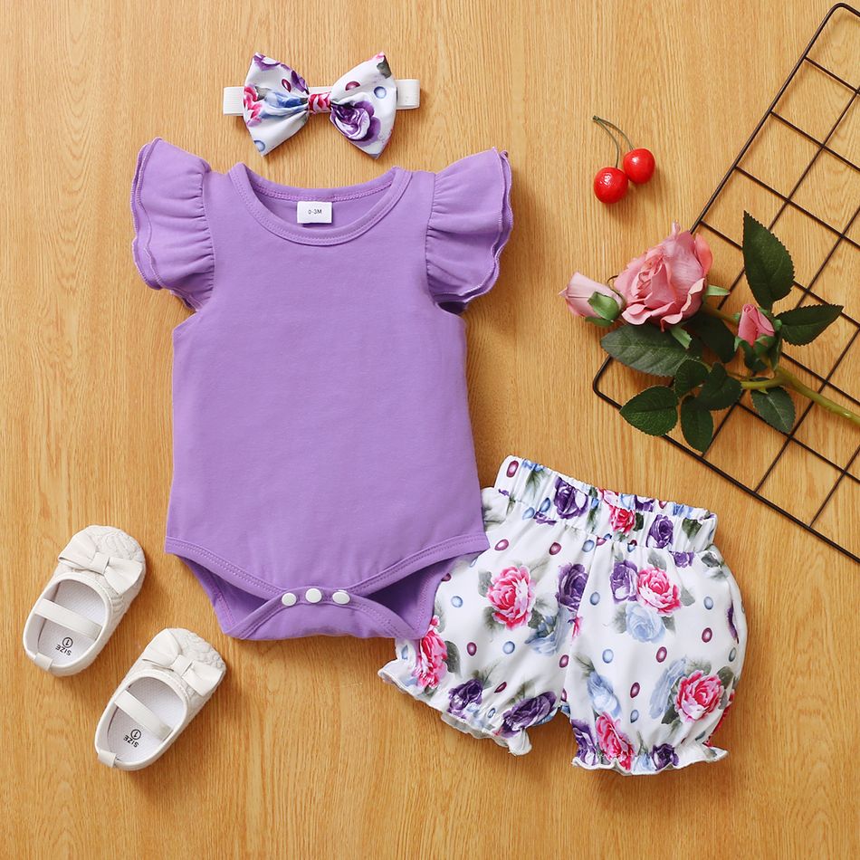 3pcs Baby Girl 95% Cotton Layered Ruffle Sleeve Romper with Floral Print Bloomers Shorts and Headband Set Purple big image 1