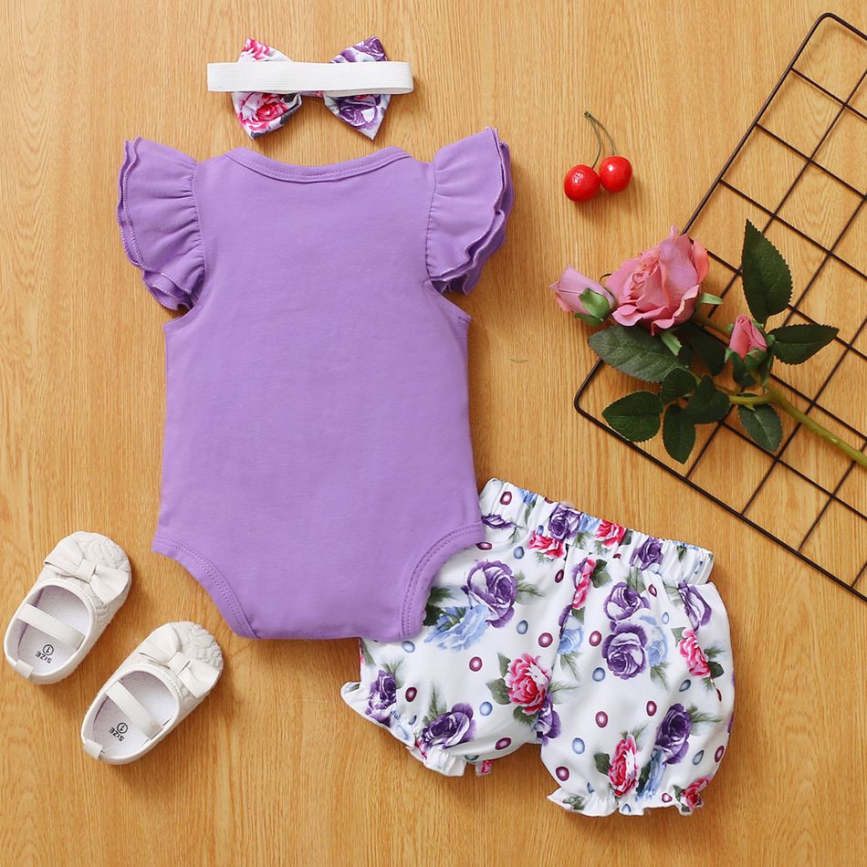 3pcs Baby Girl 95% Cotton Layered Ruffle Sleeve Romper with Floral Print Bloomers Shorts and Headband Set Purple big image 2