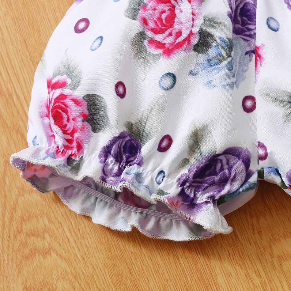 3pcs Baby Girl 95% Cotton Layered Ruffle Sleeve Romper with Floral Print Bloomers Shorts and Headband Set Purple big image 7