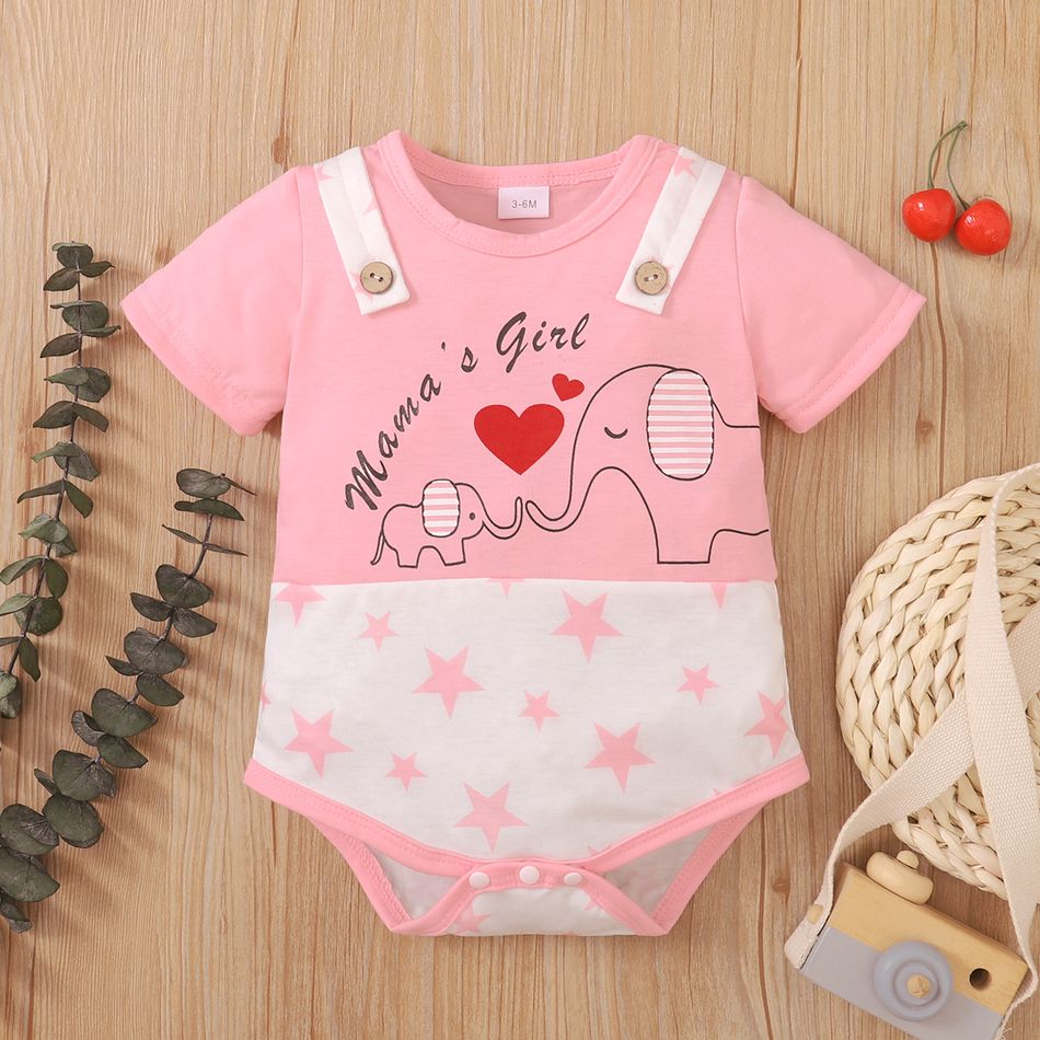 Mother's Day Baby Boy/Girl Cartoon Elephant and Stars Print Colorblock Short-sleeve Romper Pink