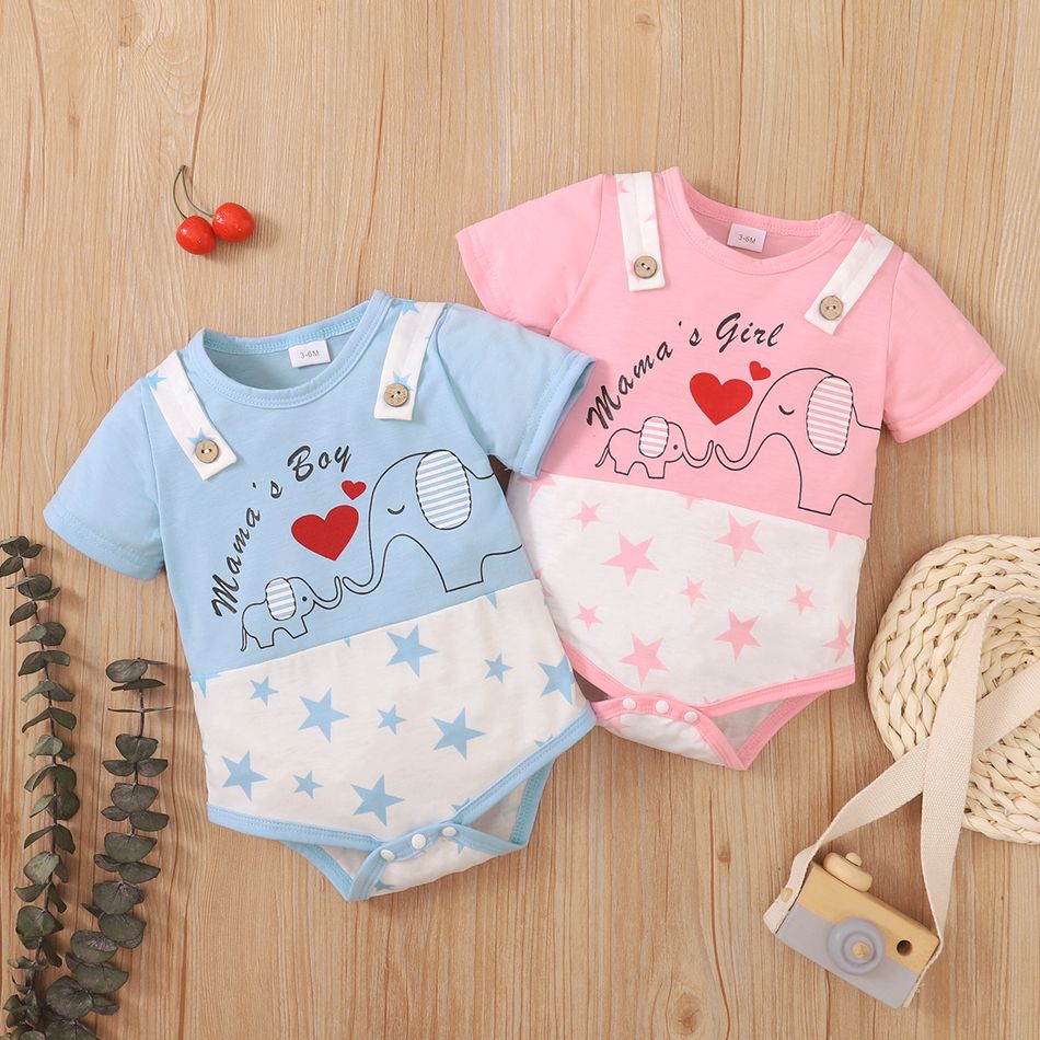 Mother's Day Baby Boy/Girl Cartoon Elephant and Stars Print Colorblock Short-sleeve Romper Blue big image 2