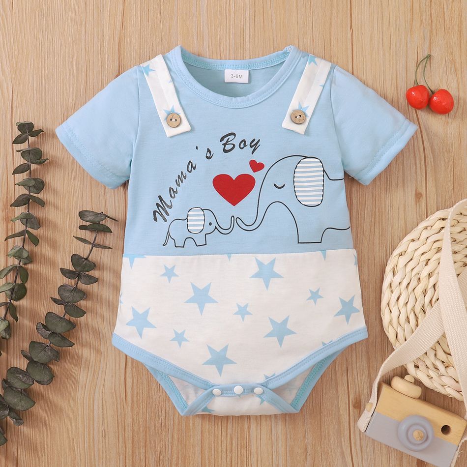 Mother's Day Baby Boy/Girl Cartoon Elephant and Stars Print Colorblock Short-sleeve Romper Blue big image 1