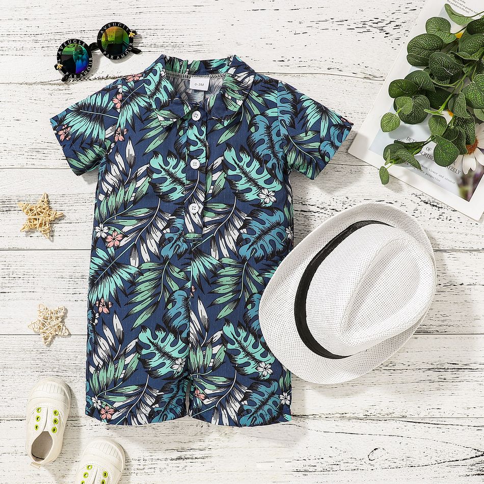 2pcs Baby Boy All Over Tropical Plant Short-sleeve Button Up Romper with Sun Hat Set Blue