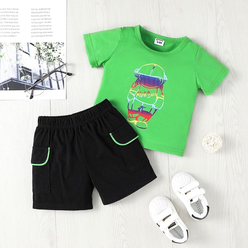 2pcs Baby Boy Short-sleeve Graphic T-shirt and Shorts Set Green