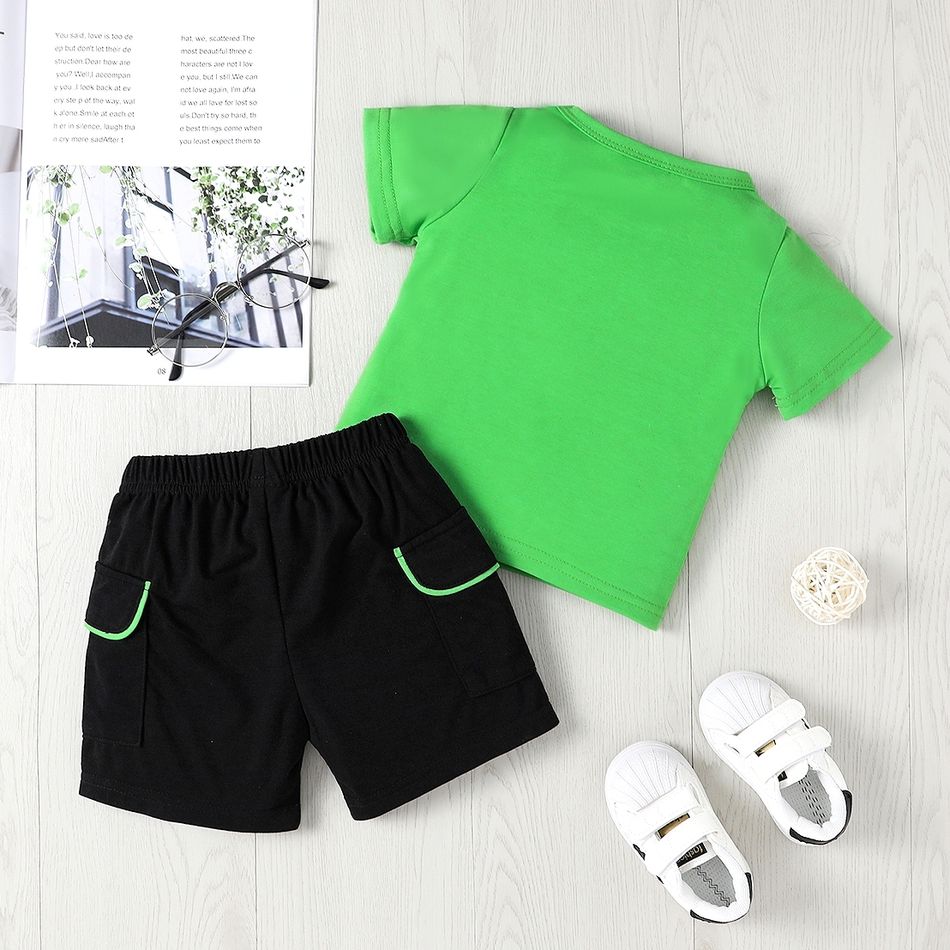 2pcs Baby Boy Short-sleeve Graphic T-shirt and Shorts Set Green big image 2