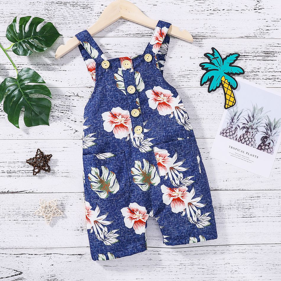Baby Boy/Girl Floral Print Blue Button Up Overalls Shorts Deep Blue big image 1
